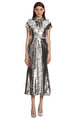 Silver Sequin Twist Neck Midi Elbise