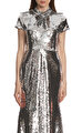 Silver Sequin Twist Neck Midi Elbise