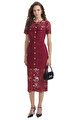 Red Guipure Lace Button Midi Elbise