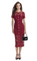Red Guipure Lace Button Midi Elbise