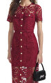 Red Guipure Lace Button Midi Elbise