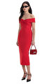Red Off Shoulder Midi Elbise