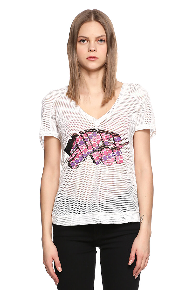 Fornarina Jeans Bask Desenli Fileli Beyaz T Shirt