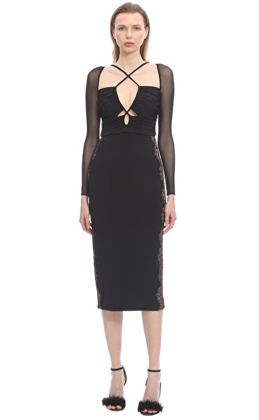 Black Jersey Cut Out Midi Elbise