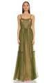 Alberta Ferretti Dantelli Yeşil-Pudra Uzun Elbise