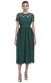Dark Green Floral Guipure Midi Elbise