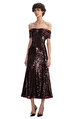 Brown Sequin Off Shoulder Midi Elbise