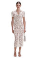 Cream Fine Lace Pearl Midi Elbise